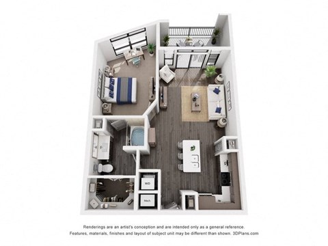 a 1 bedroom floorplan is shown with a bathroom and a balcony